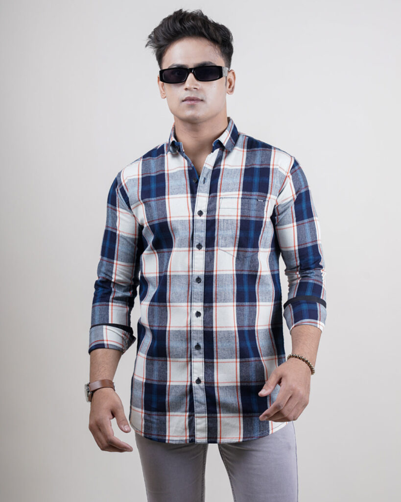 Men's Blue & Orange Check Shirt – Stylish and Comfortable