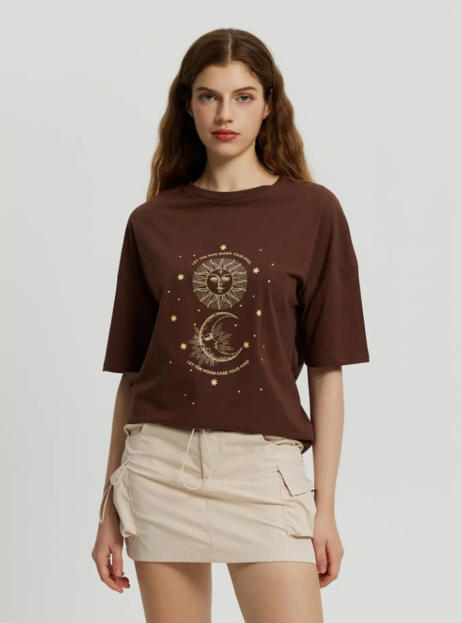 Casual Women's Brown Graphic T-Shirt Pullover – Perfect